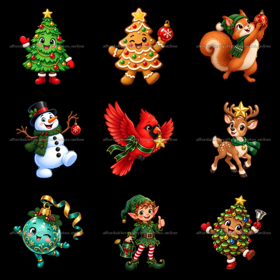 Colorful cartoon Christmas characters in a 3x3 grid – royalty-free photos 7746x7746