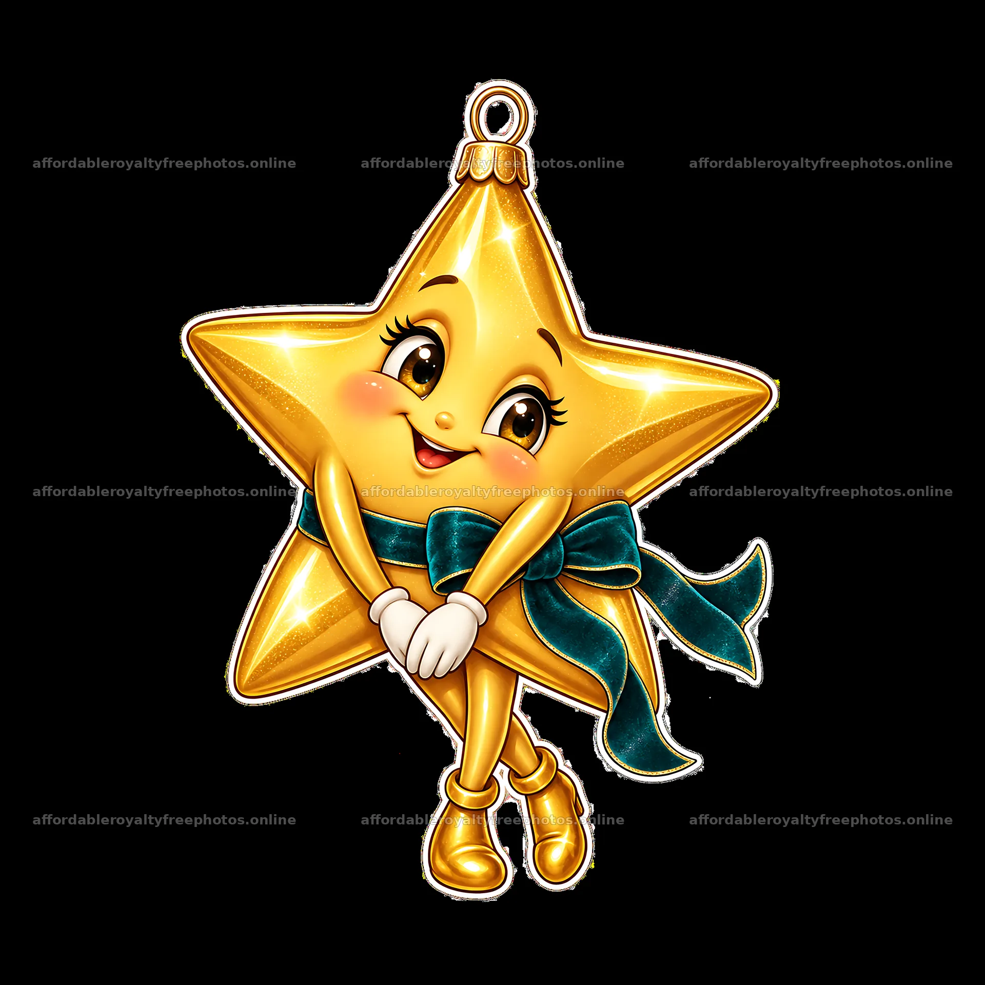 Happy golden star ornament with a bow and smile – royalty-free photos 7746x7746
