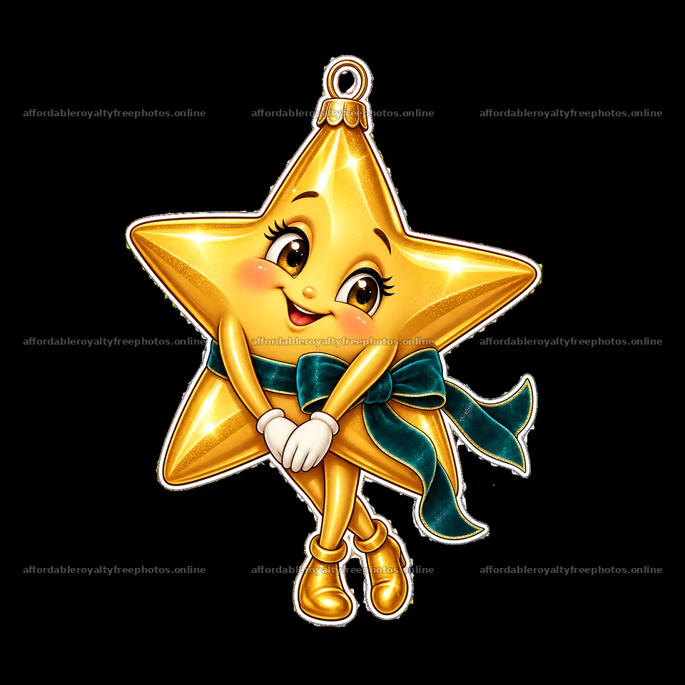 Happy golden star ornament with a bow and smile – royalty-free photos 7746x7746