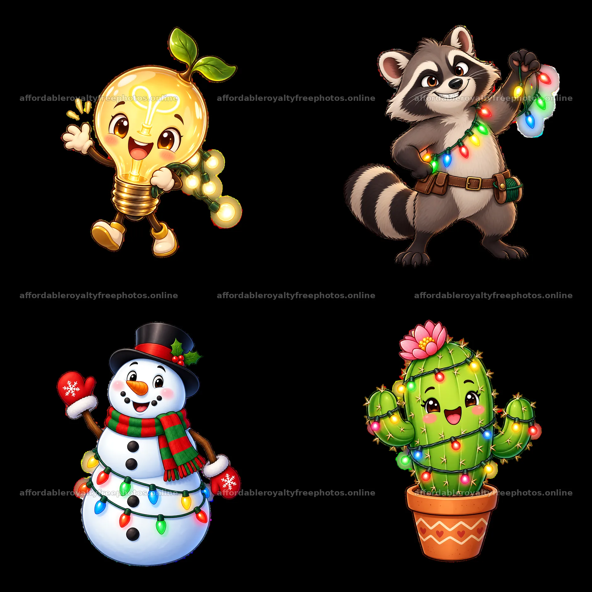 Cartoon winter characters with string lights in 2x2 – royalty-free photos 7746x7746