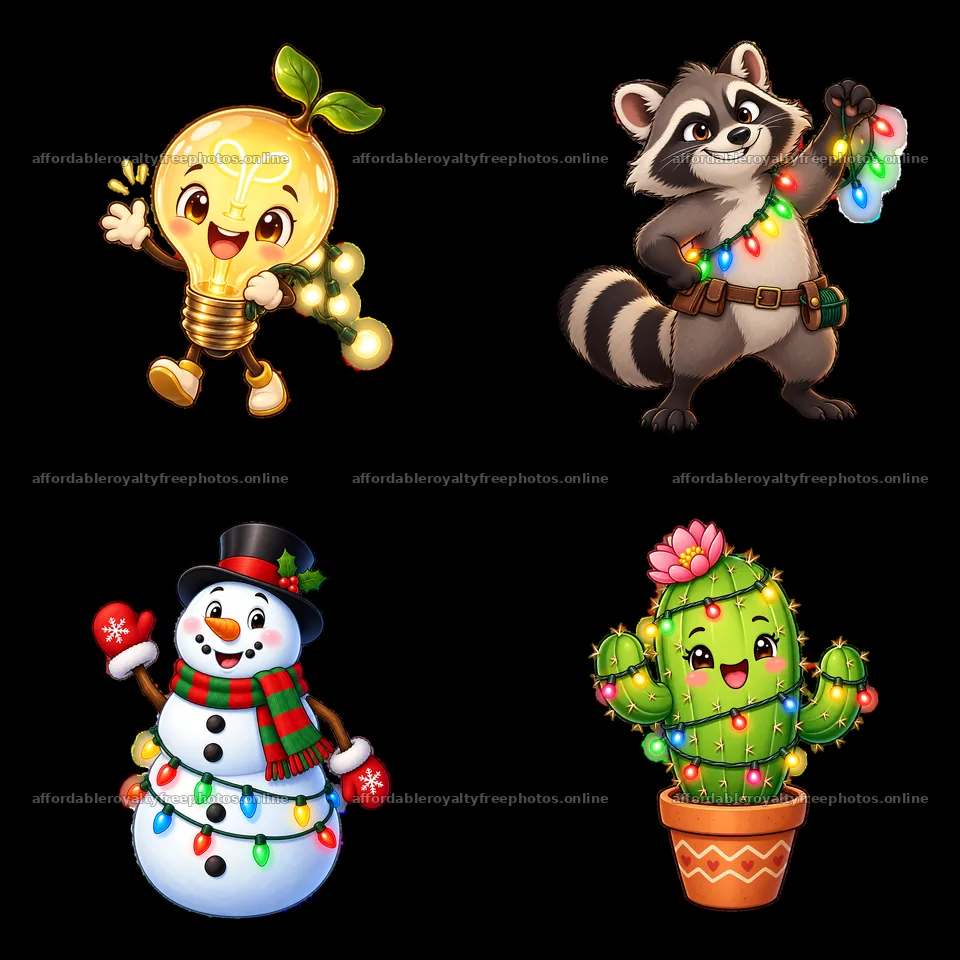 Cartoon winter characters with string lights in 2x2 – royalty-free photos 7746x7746