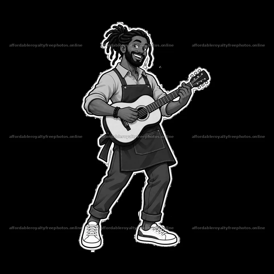 Man playing guitar in apron with smile – royalty-free photos 7746x7746
