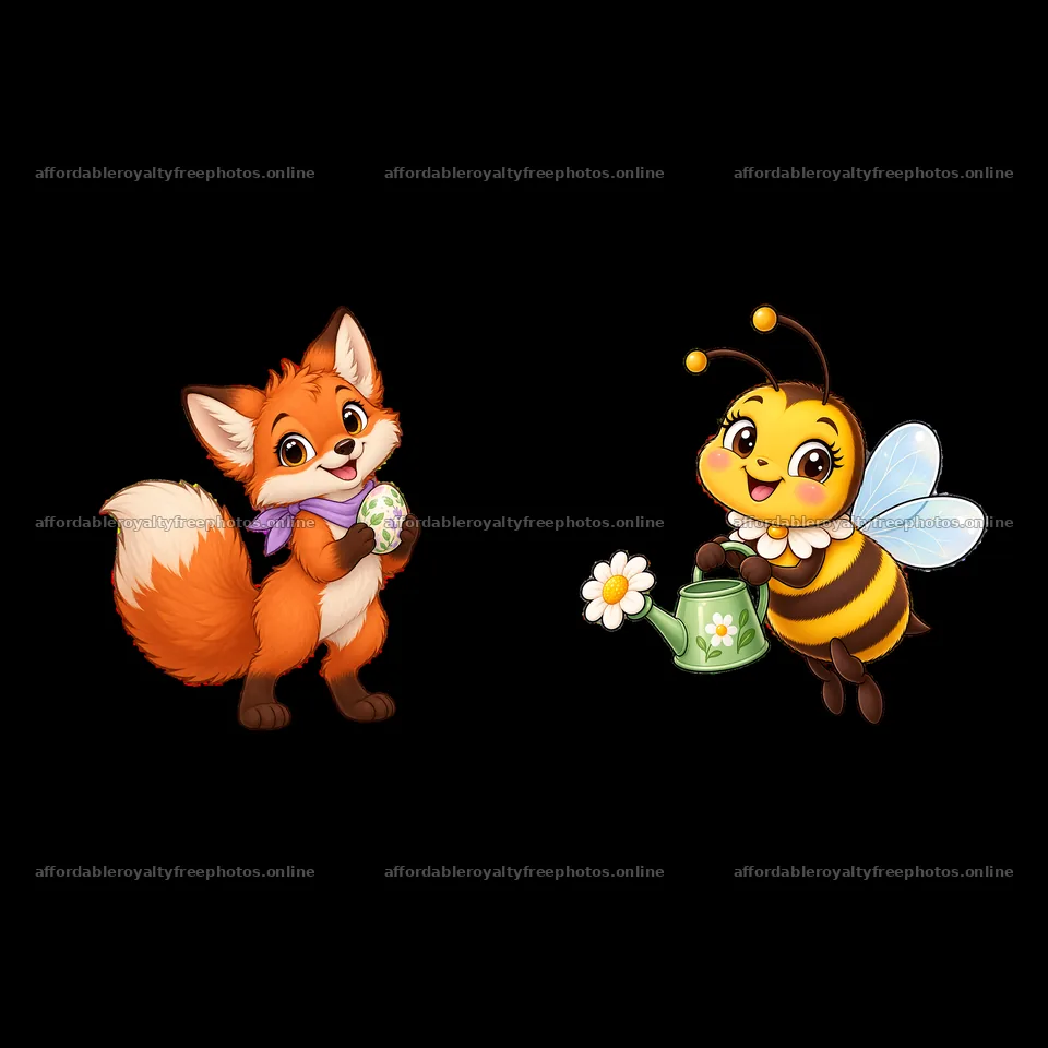 Easter fox and bee with egg and watering can in meadow – royalty-free photos 7746x7746