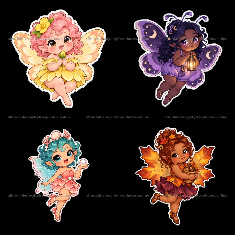 Kawaii chubby fairies with magical accessories in four – royalty-free photos 7746x7746