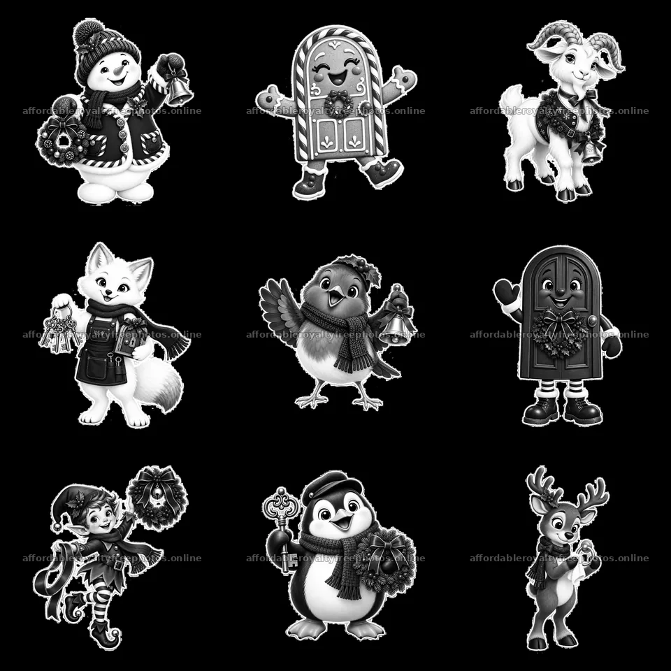 Christmas-themed cartoon characters around a festive door – royalty-free photos 7746x7746