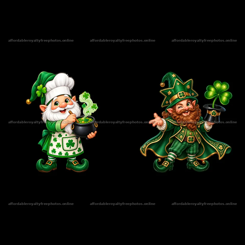 St. Patrick's Day gnomes with pots and shamrocks in – royalty-free photos 7746x7746