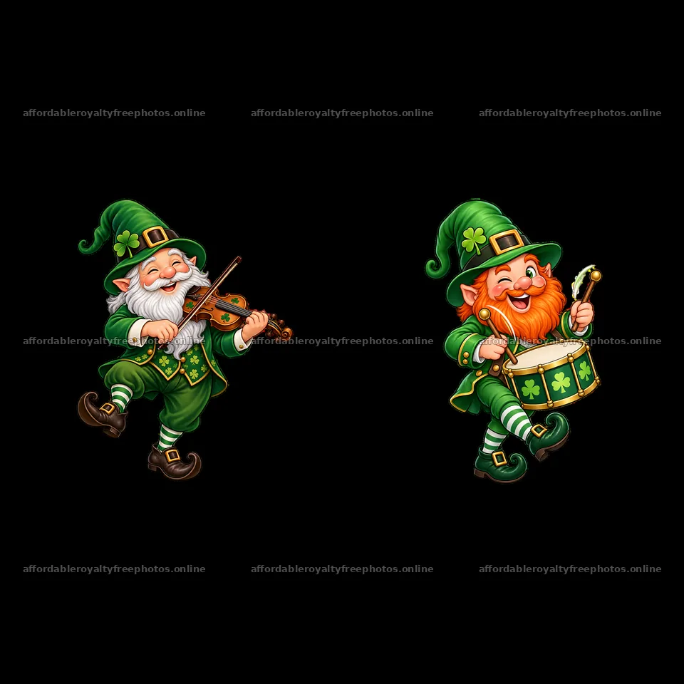 Two gnomes playing music for St. Patrick's Day – royalty-free photos 7746x7746