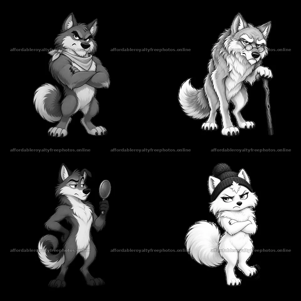 Grumpy wolf cartoon characters in a 2x2 layout – royalty-free photos 7746x7746