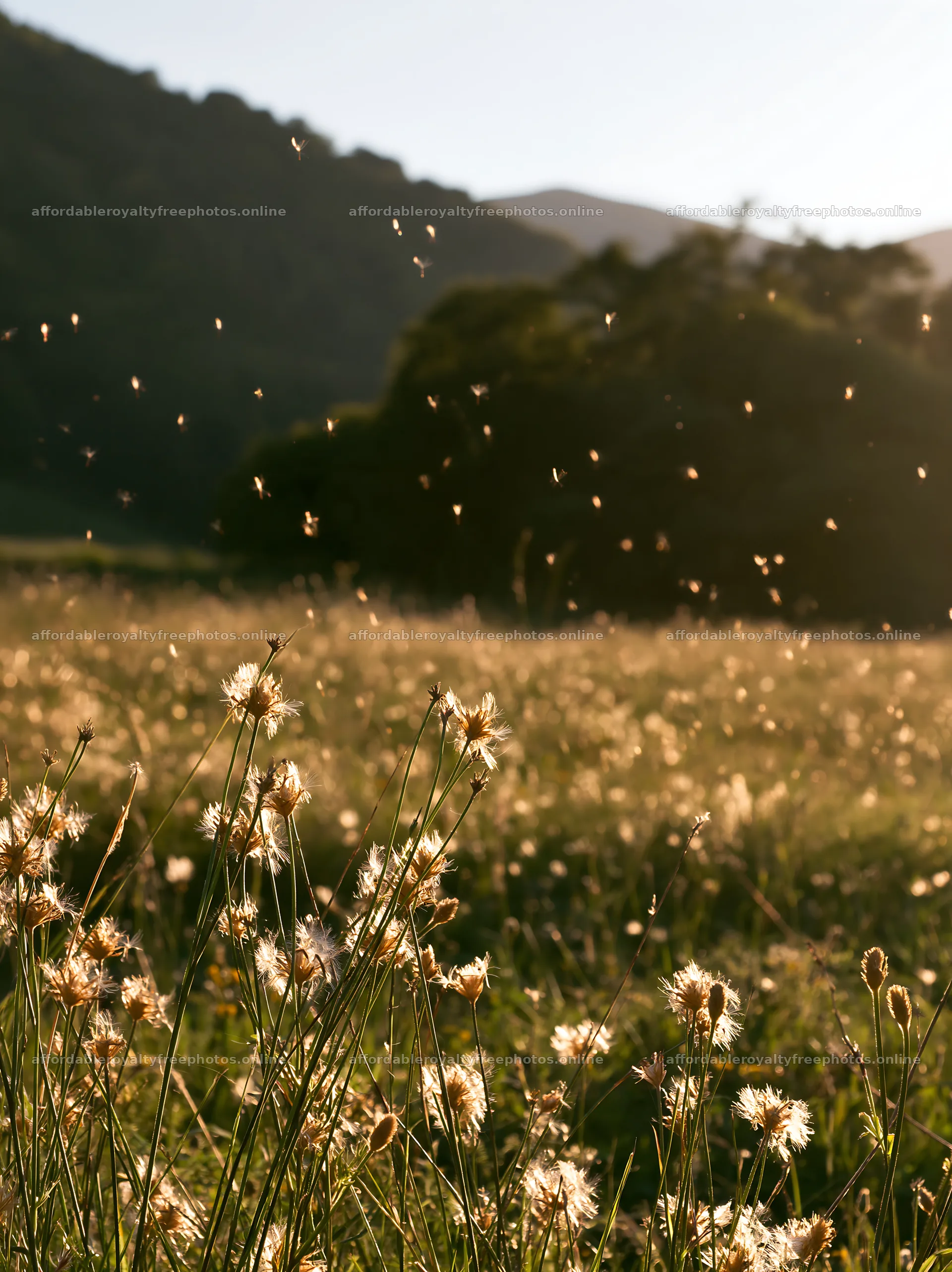 Meadow seedheads backlit at dusk with flying insects – royalty-free photos 6866x9174