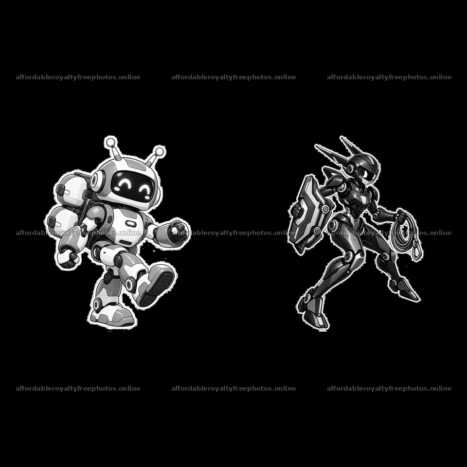 Cartoon mech robots walking and posing with accessories – royalty-free photos 7746x7746