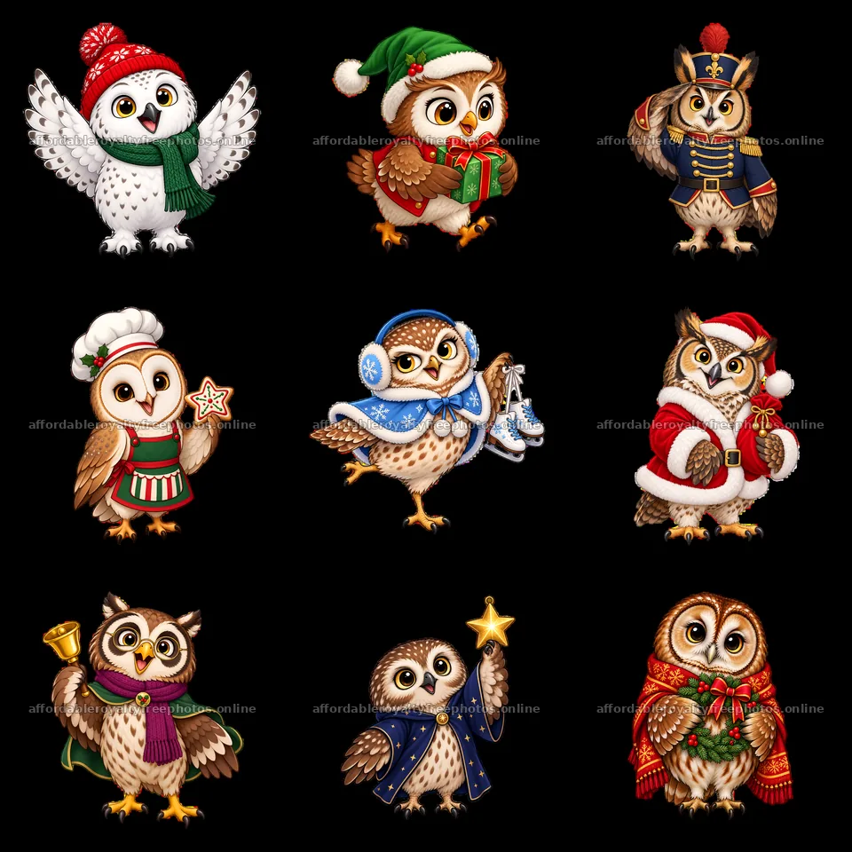 Christmas owl stickers featuring festive outfits and – royalty-free photos 7746x7746