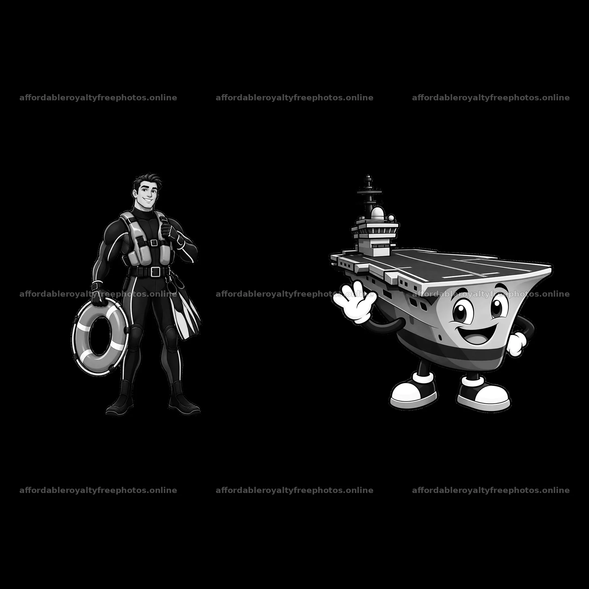 Cartoon characters with lifebuoy and smiling aircraft – royalty-free photos 7746x7746