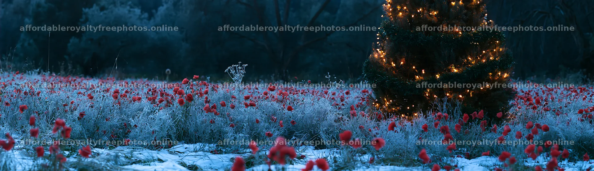 Decorated Christmas tree in snowy meadow with lights – royalty-free photos 14762x4268