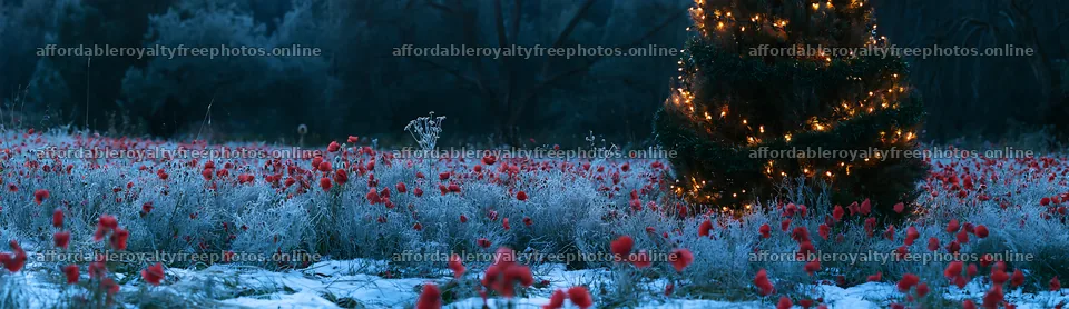 Decorated Christmas tree in snowy meadow with lights – royalty-free photos 14762x4268