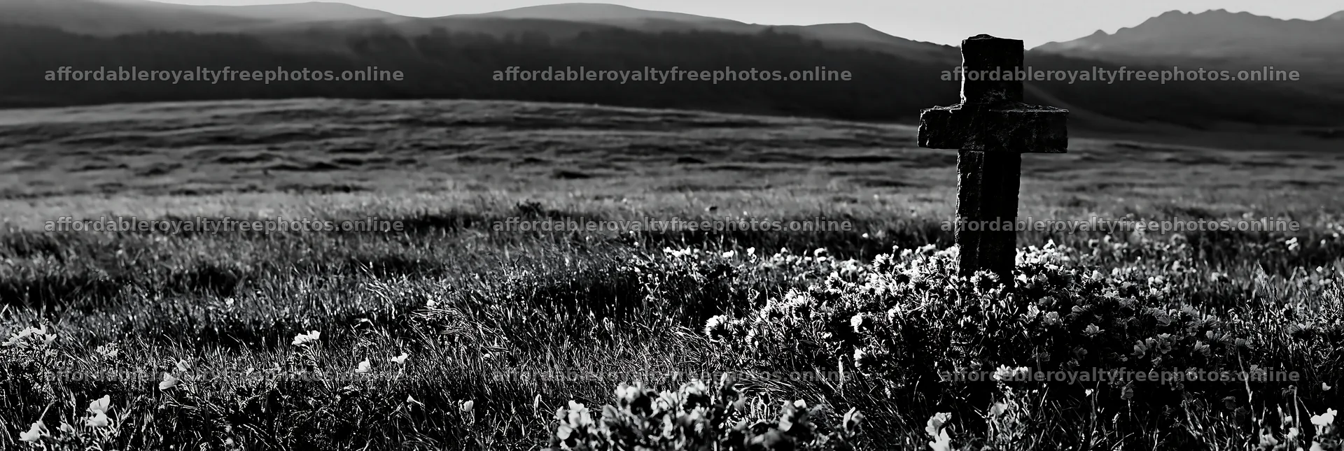 Cross in quiet meadow with flowers and mountains in – royalty-free photos 13690x4602