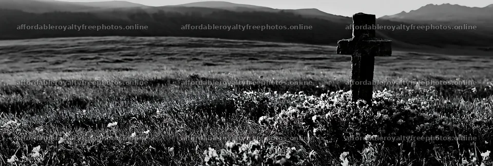Cross in quiet meadow with flowers and mountains in – royalty-free photos 13690x4602