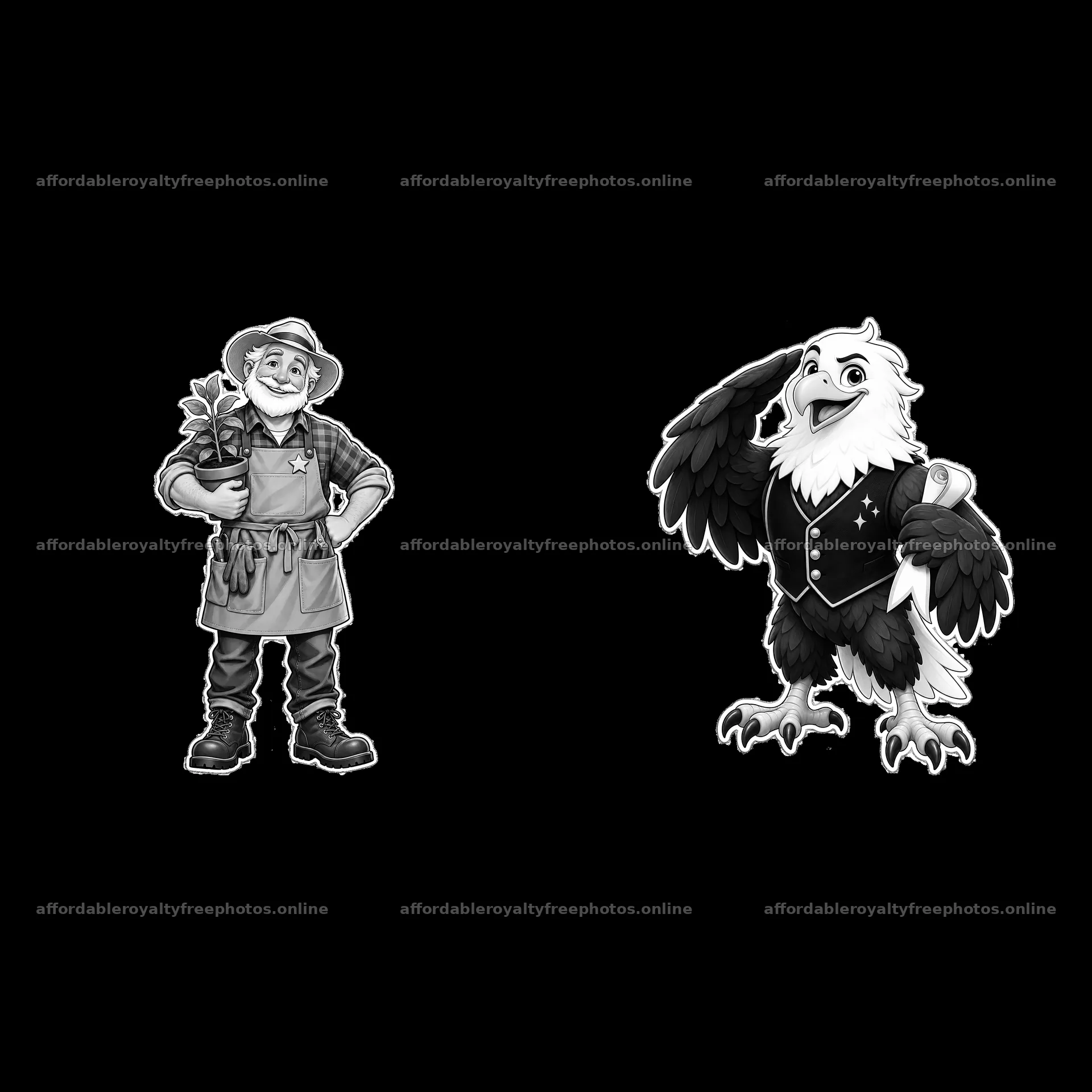 Gardener with plant and eagle character in monochrome – royalty-free photos 7746x7746