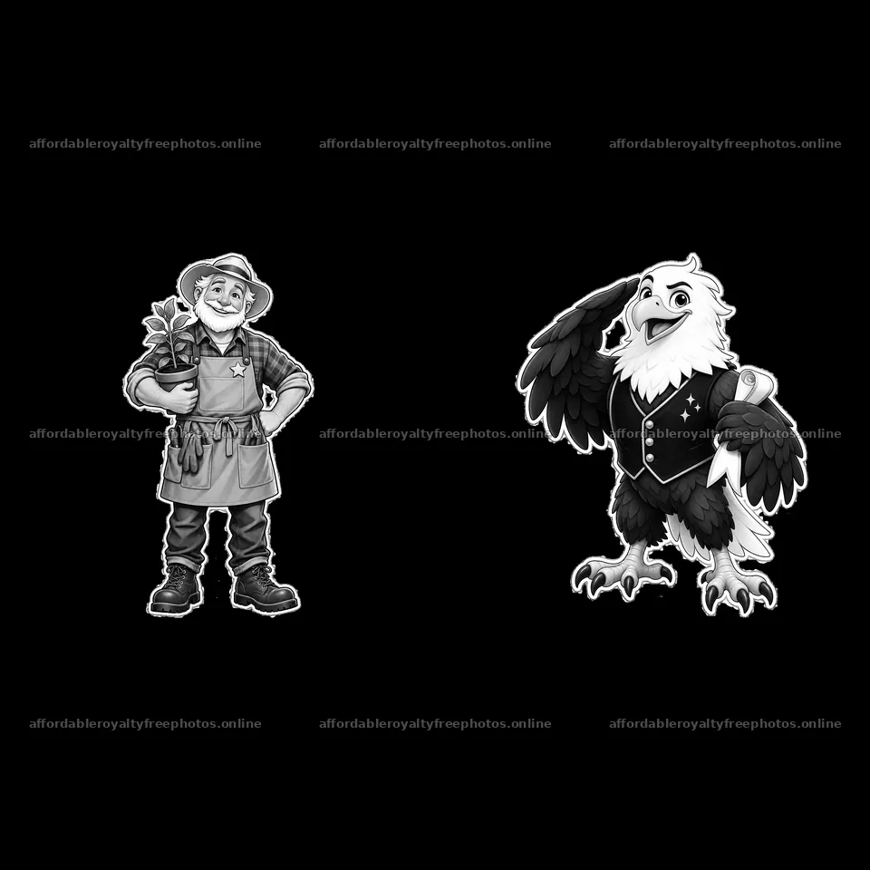 Gardener with plant and eagle character in monochrome – royalty-free photos 7746x7746