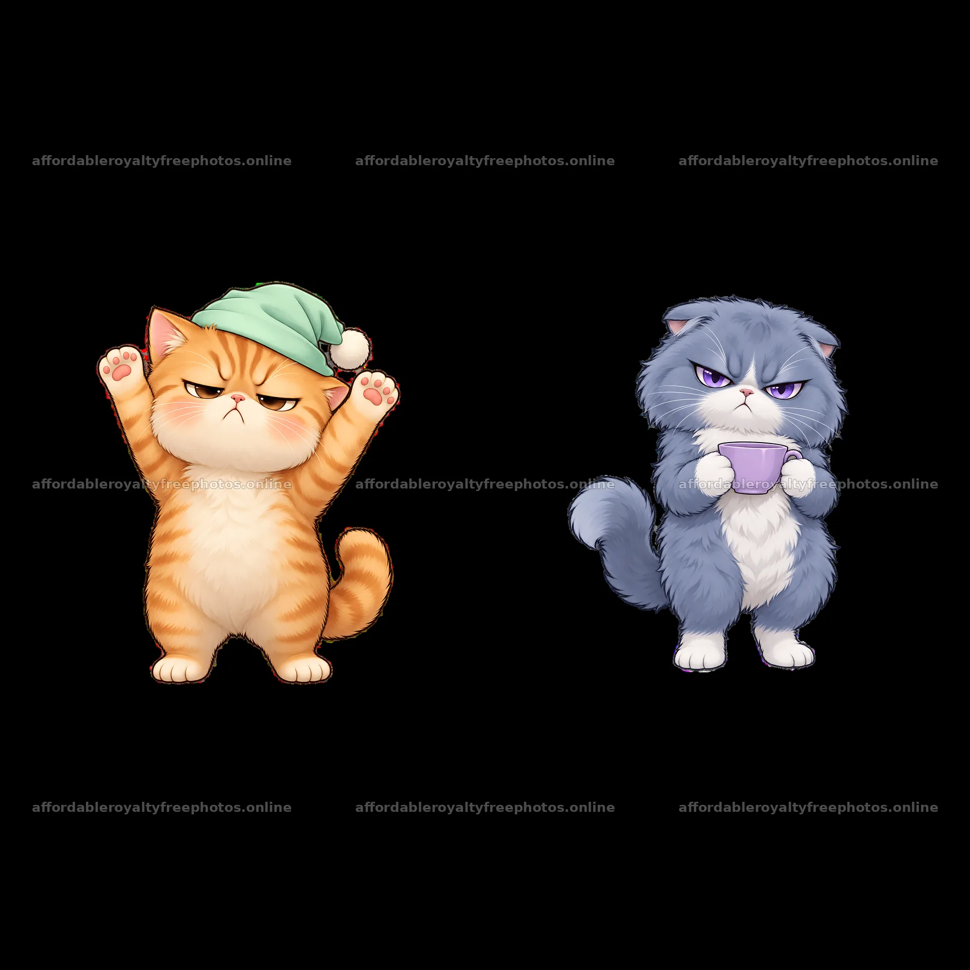 Kawaii grumpy cats with green hat and purple cup sticker – royalty-free photos 7746x7746