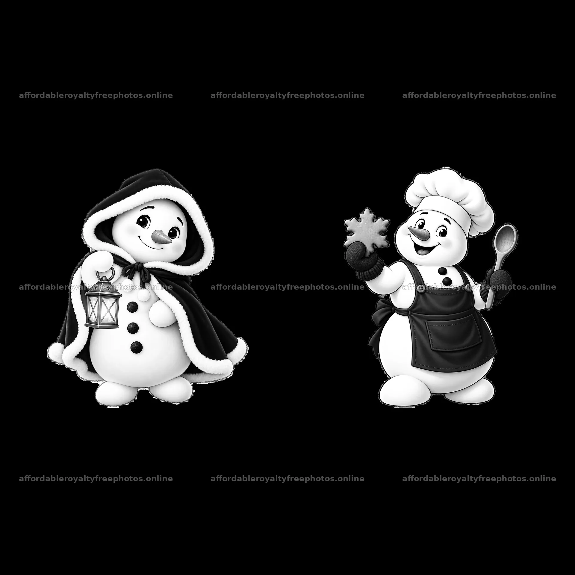 Snowman wearing cape and lantern next to snowman with – royalty-free photos 7746x7746