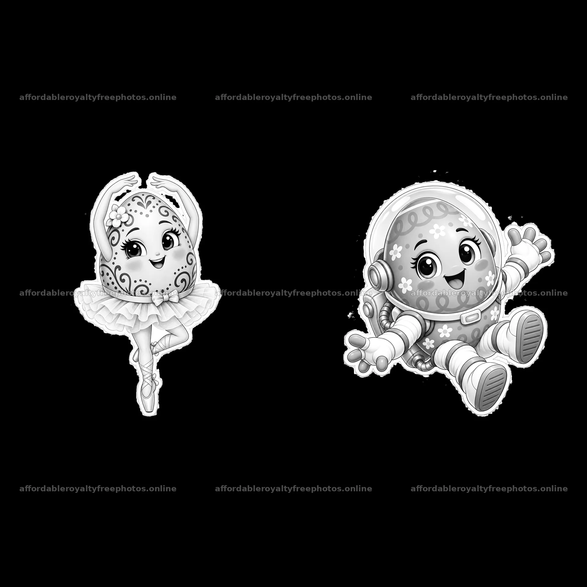 Ballet dancer and astronaut egg characters for Easter – royalty-free photos 7746x7746