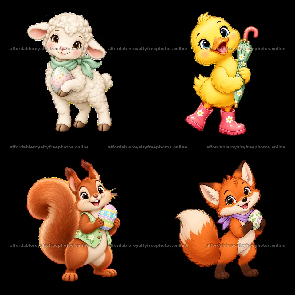 Easter characters in a meadow with egg and umbrella – royalty-free photos 7746x7746