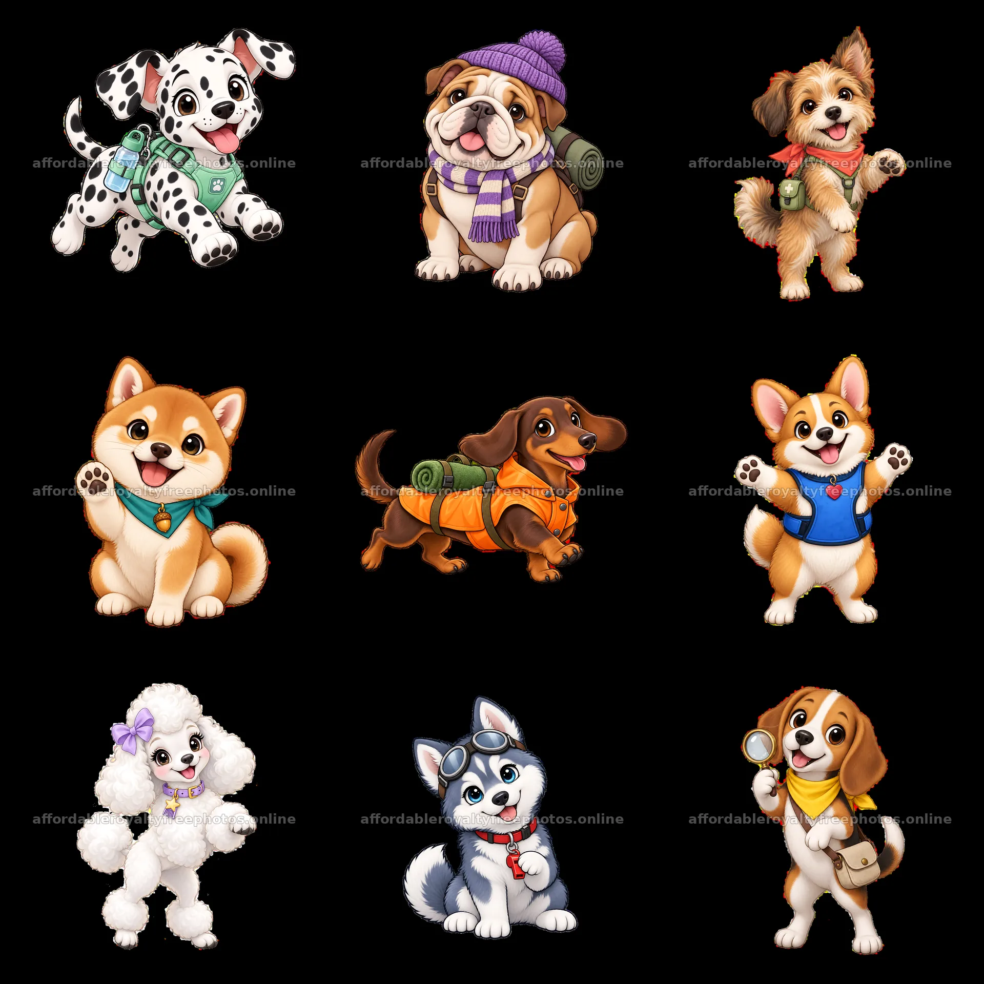 Cute K-9 dog stickers in a 3x3 grid layout – royalty-free photos 7746x7746