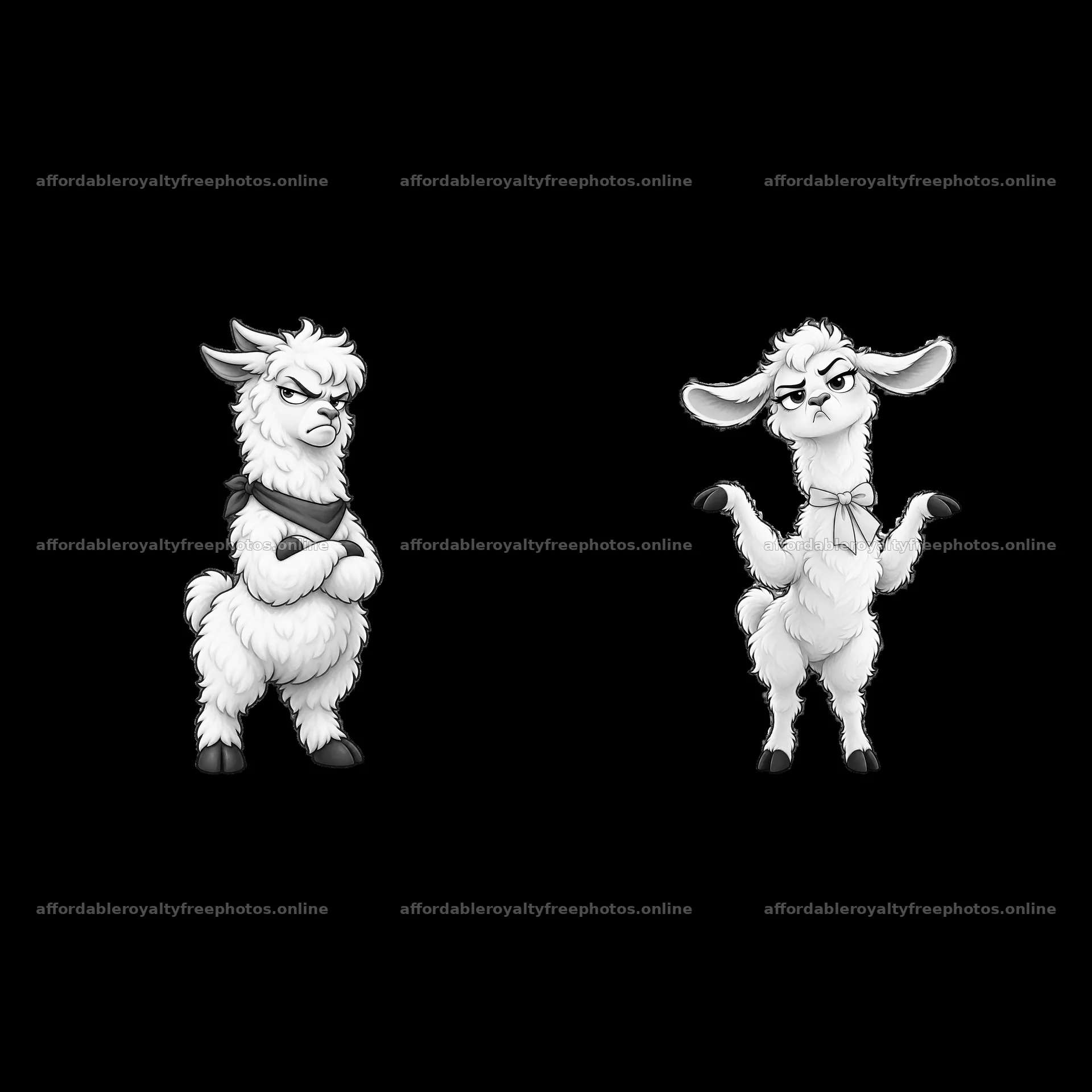 Grumpy llamas with arms crossed and hands up in black – royalty-free photos 7746x7746