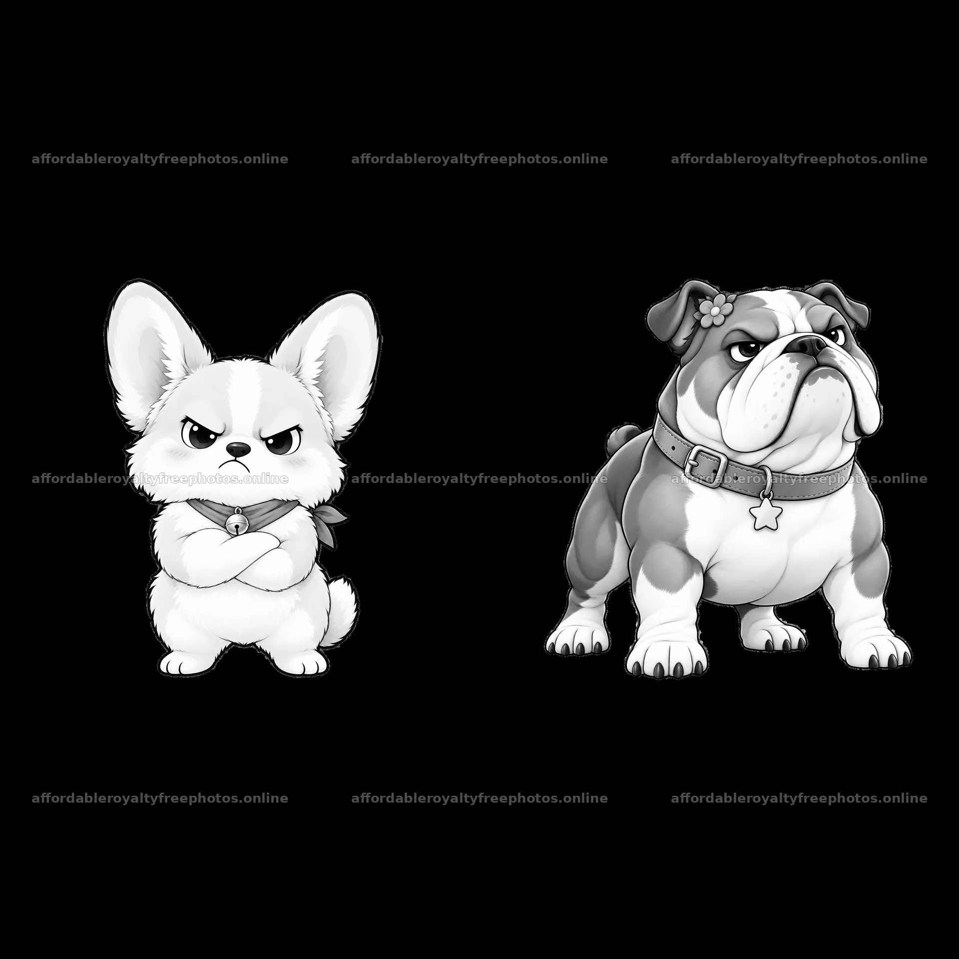 Kawaii grumpy dog stickers featuring a corgi and bulldog – royalty-free photos 7746x7746