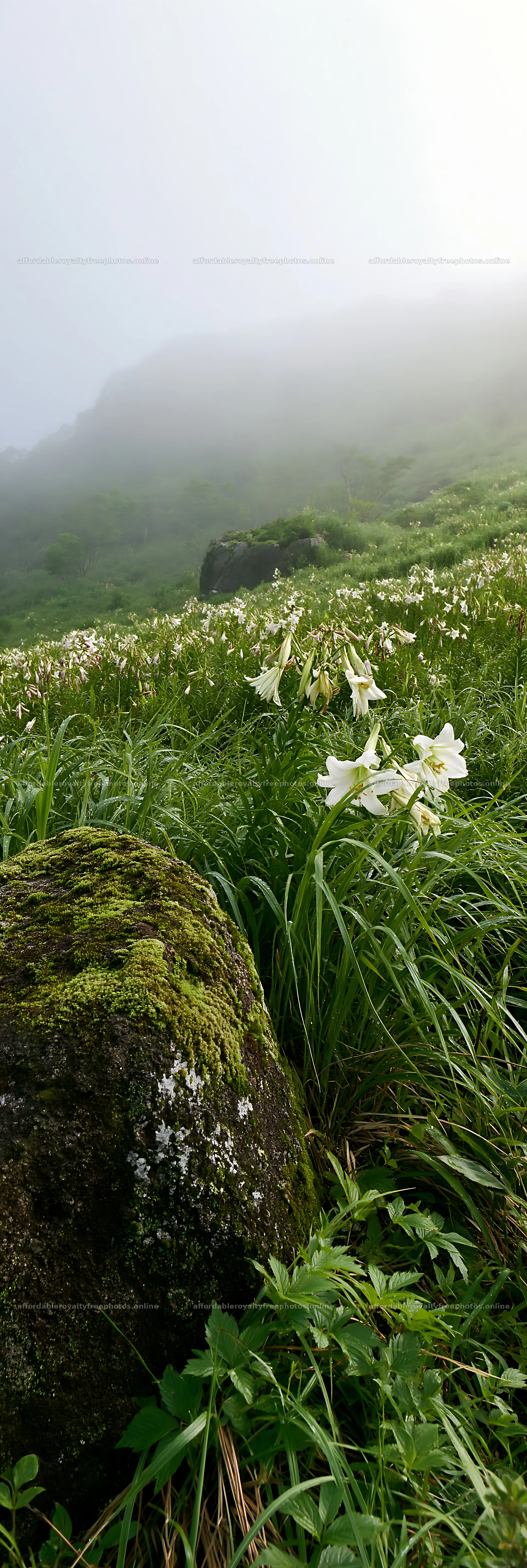 Misty meadow with moss covered stone and flowers in – royalty-free photos 4602x13690