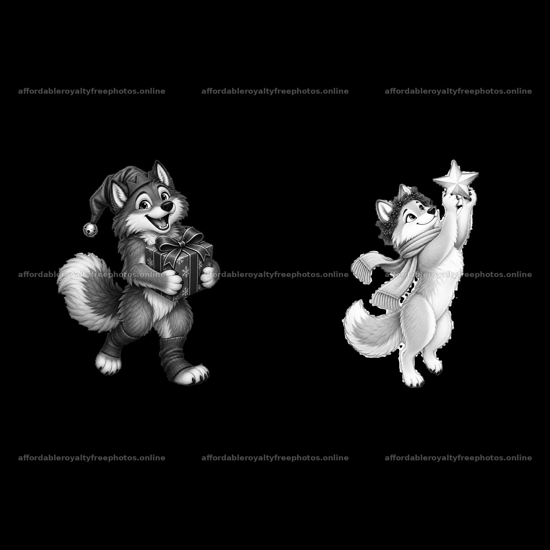 Christmas wolves holding gifts and a star – royalty-free photos 7746x7746