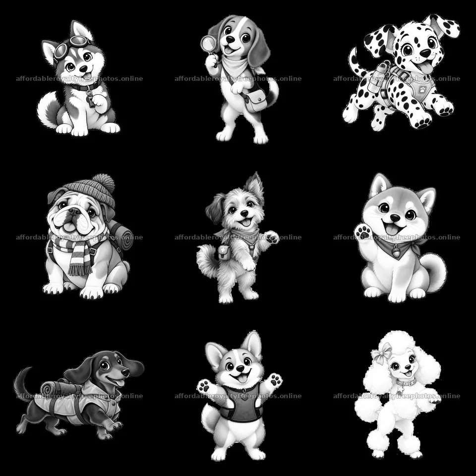 Cute K-9 dogs in a 3x3 grid showcasing playful actions – royalty-free photos 7746x7746