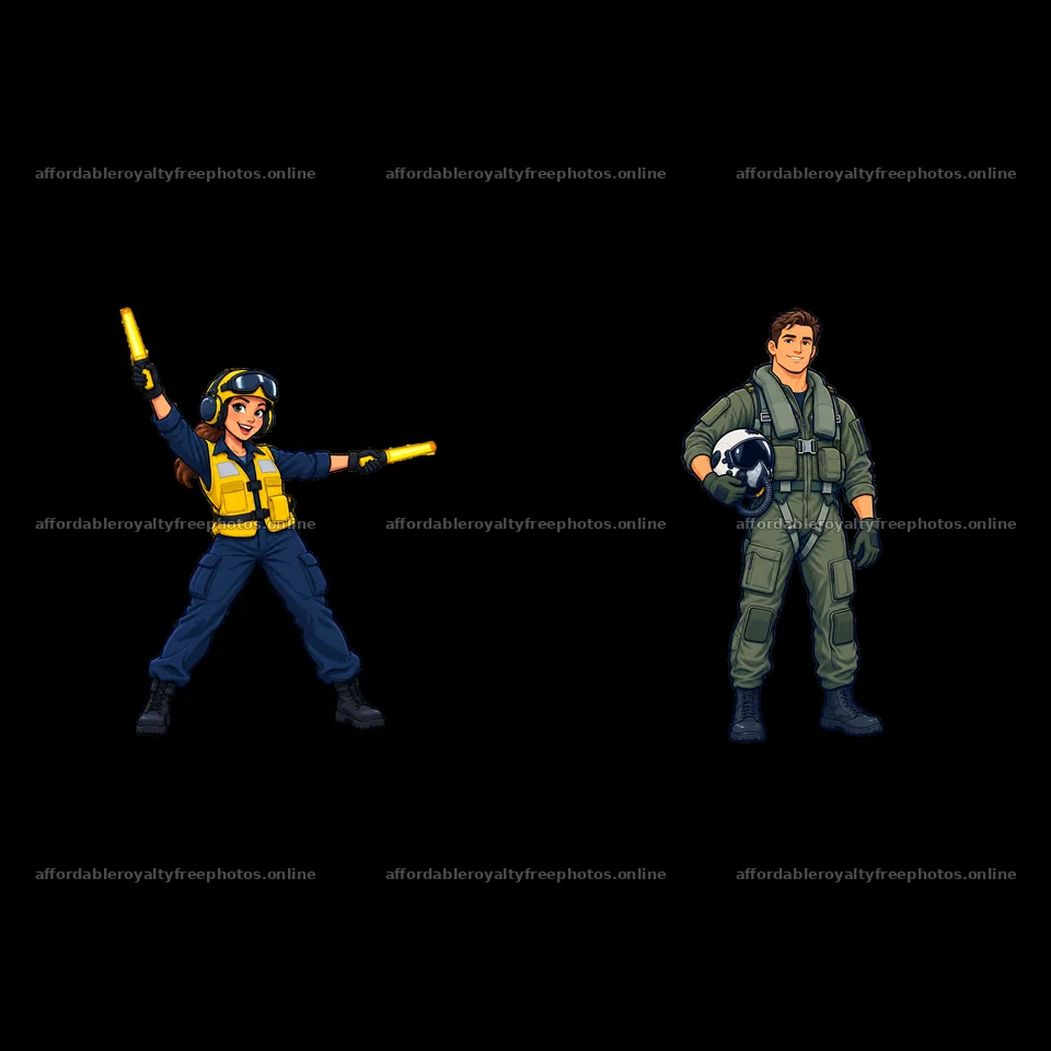 Cartoon pilot and ground crew member on an aircraft – royalty-free photos 7746x7746