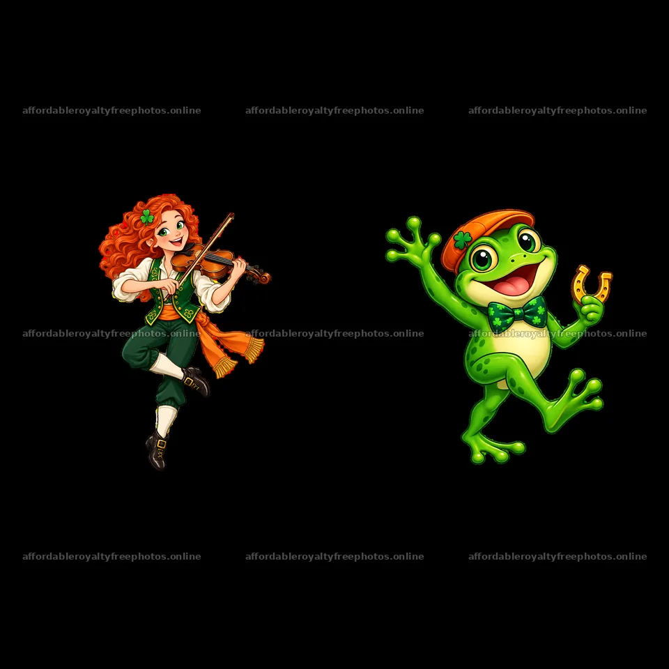 Joyful girl playing violin and happy frog with shamrock – royalty-free photos 7746x7746