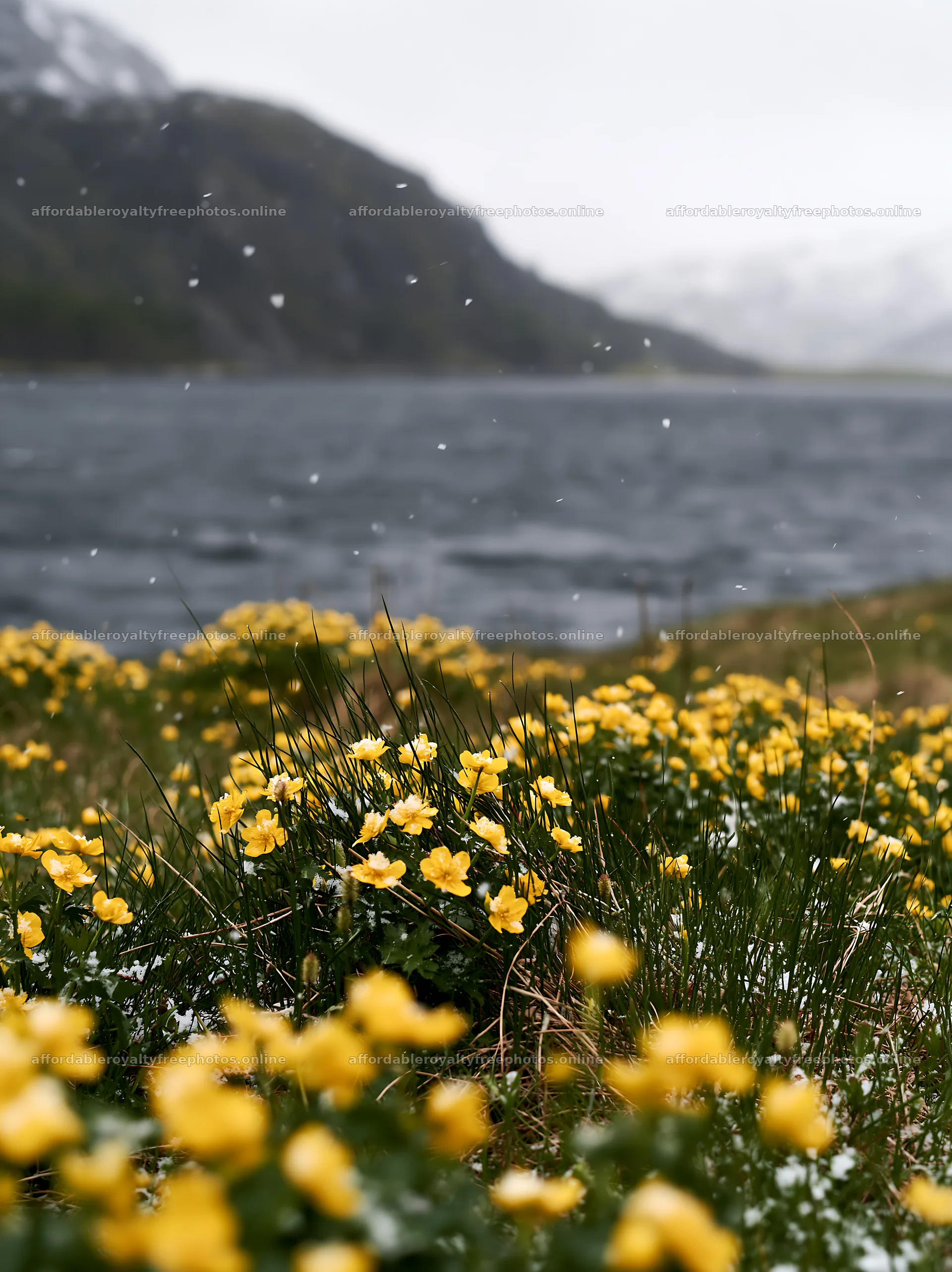 Spring meadow with yellow flowers and snow – royalty-free photos 6866x9174