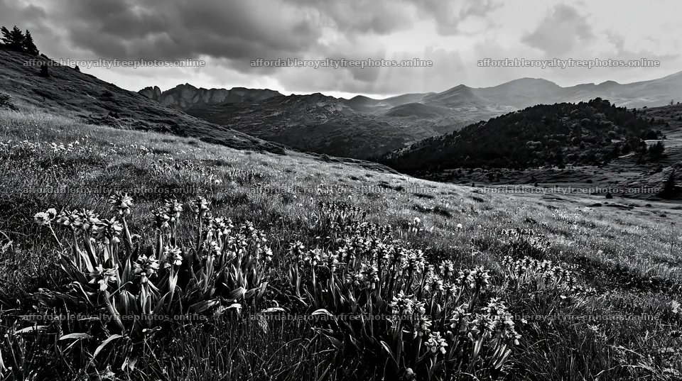 Colorful orchid meadow under cloudy sky with distant – royalty-free photos 10608x5938