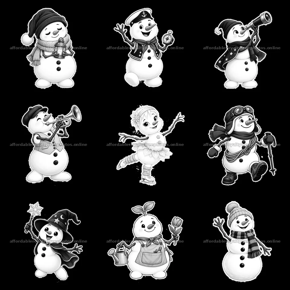 Snowman characters in festive activities displayed in a – royalty-free photos 7746x7746
