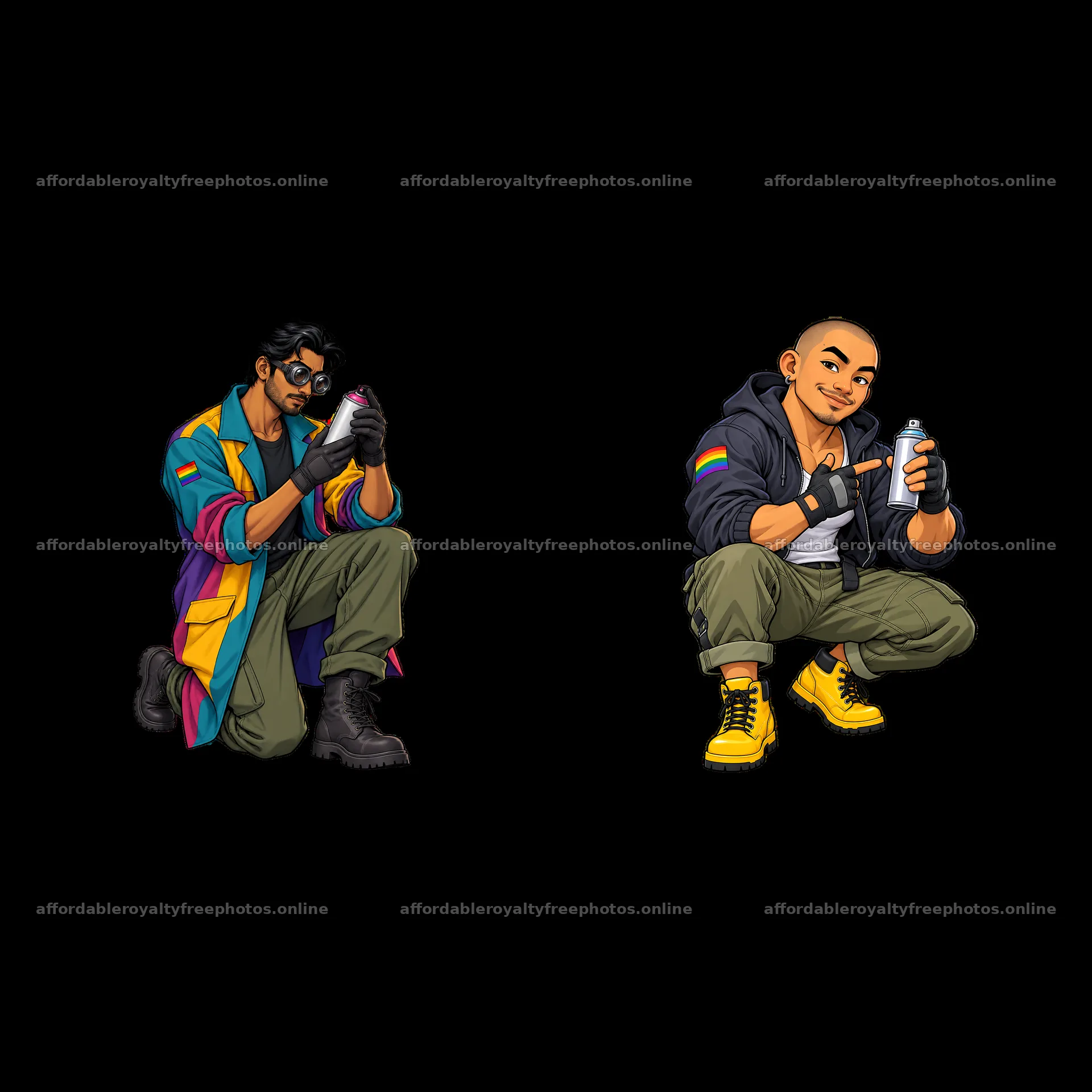 Gay graffiti spray painters creating colorful street art – royalty-free photos 7746x7746