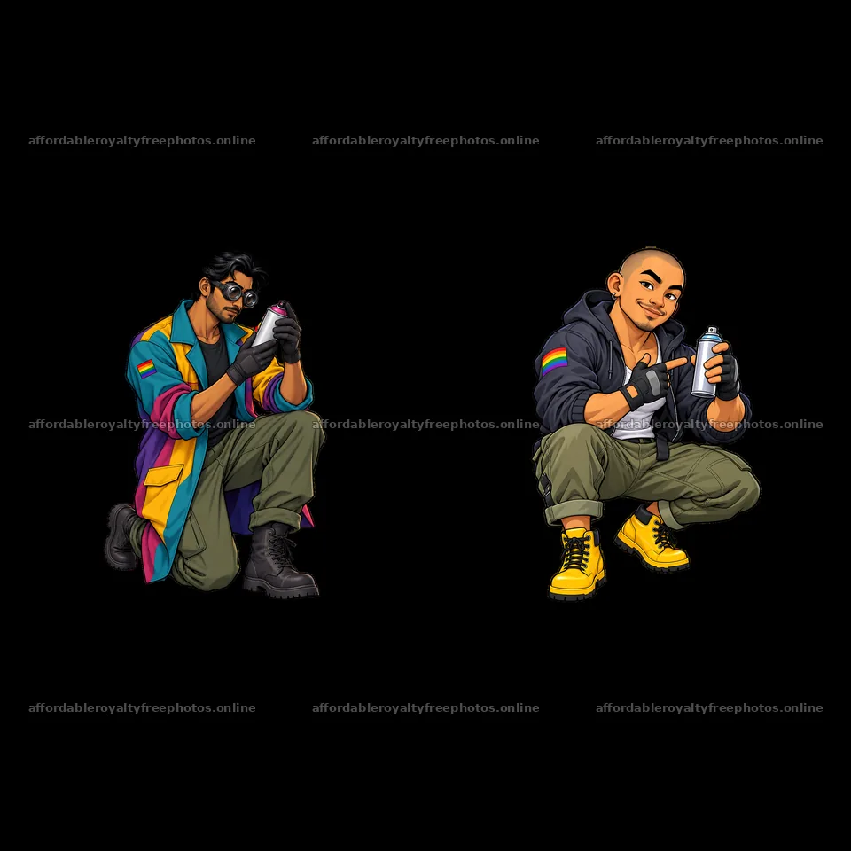 Gay graffiti spray painters creating colorful street art – royalty-free photos 7746x7746