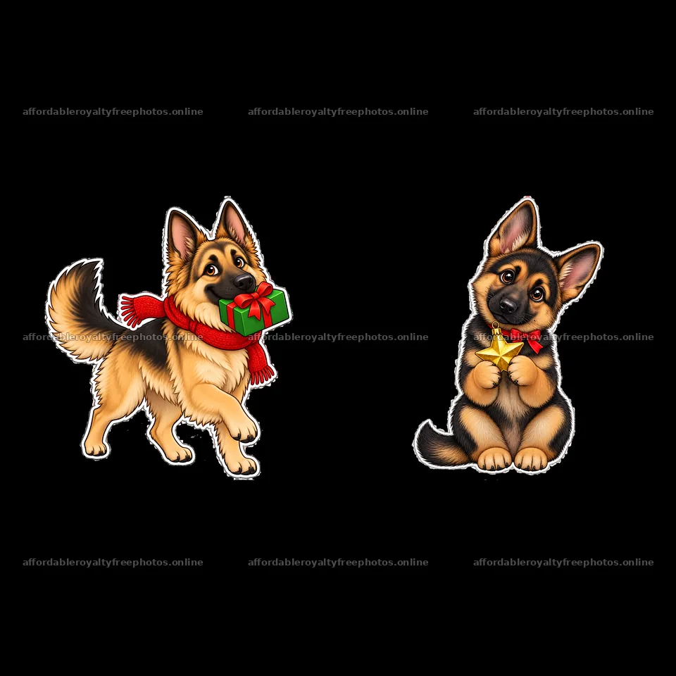 Christmas German Shepherds with gifts and decorations – royalty-free photos 7746x7746