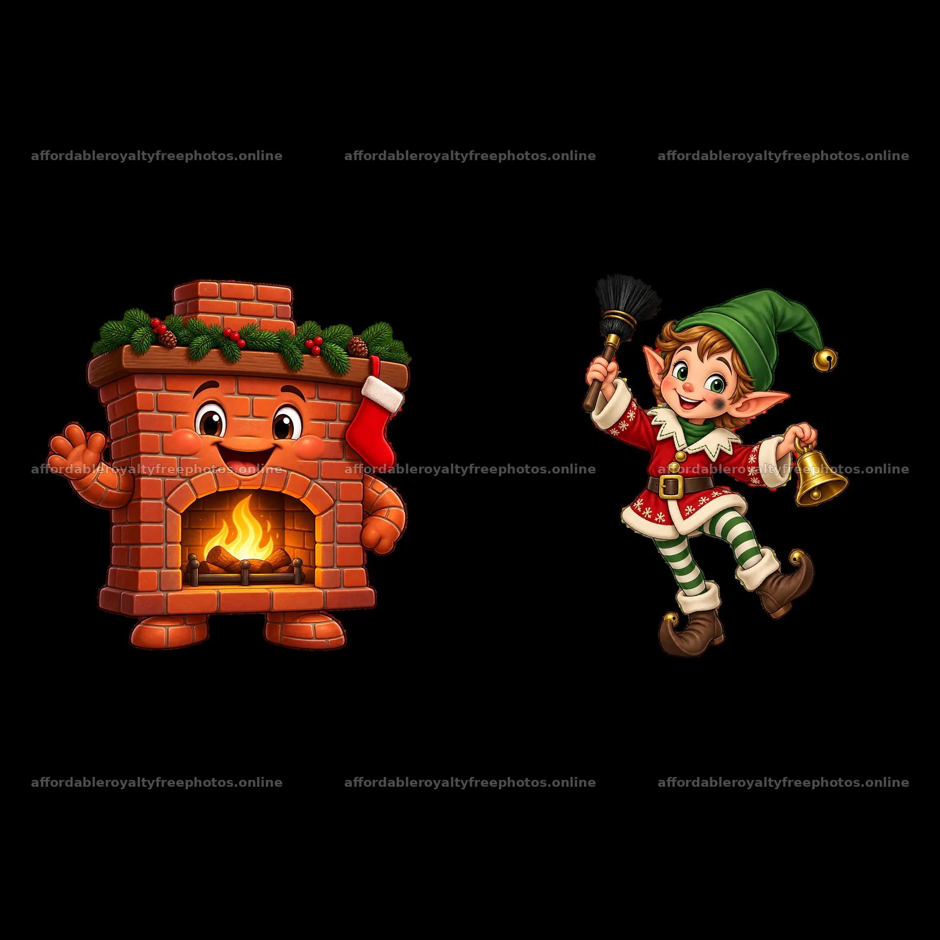 Christmas fireplace and cheerful elf with bell and broom – royalty-free photos 7746x7746