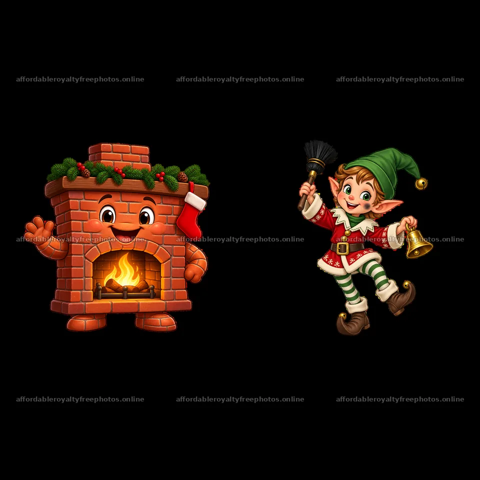 Christmas fireplace and cheerful elf with bell and broom – royalty-free photos 7746x7746