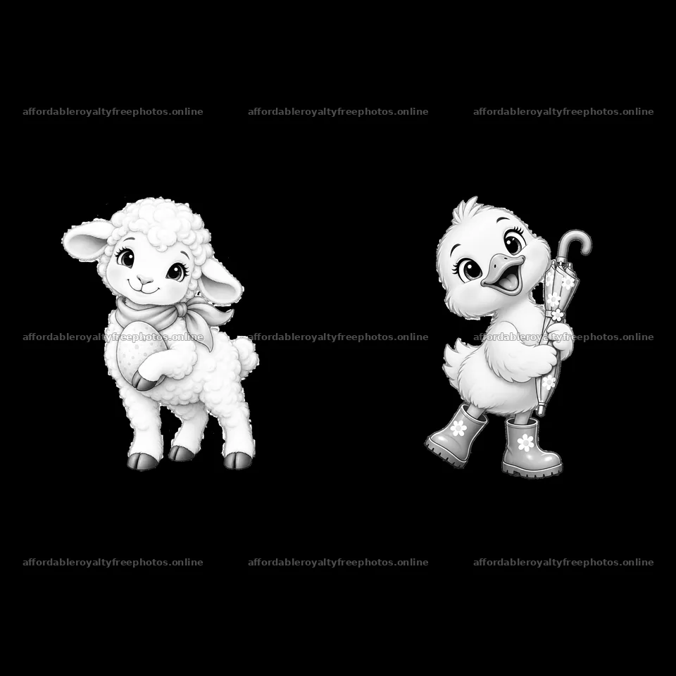 Lamb and duckling holding Easter egg and umbrella in – royalty-free photos 7746x7746