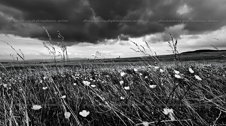 Buttercup meadow under cloudy sky with distant hills – royalty-free photos 10608x5938