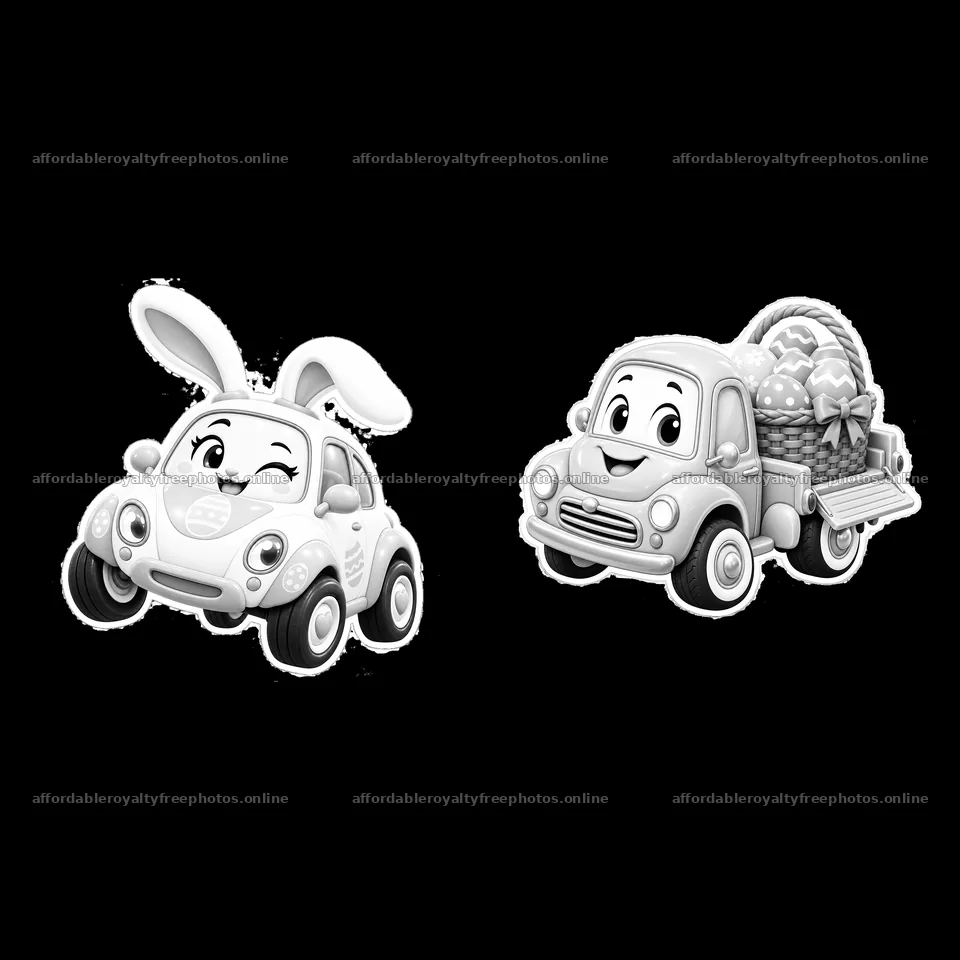 Easter-themed cars with bunny ears and a basket of eggs – royalty-free photos 7746x7746