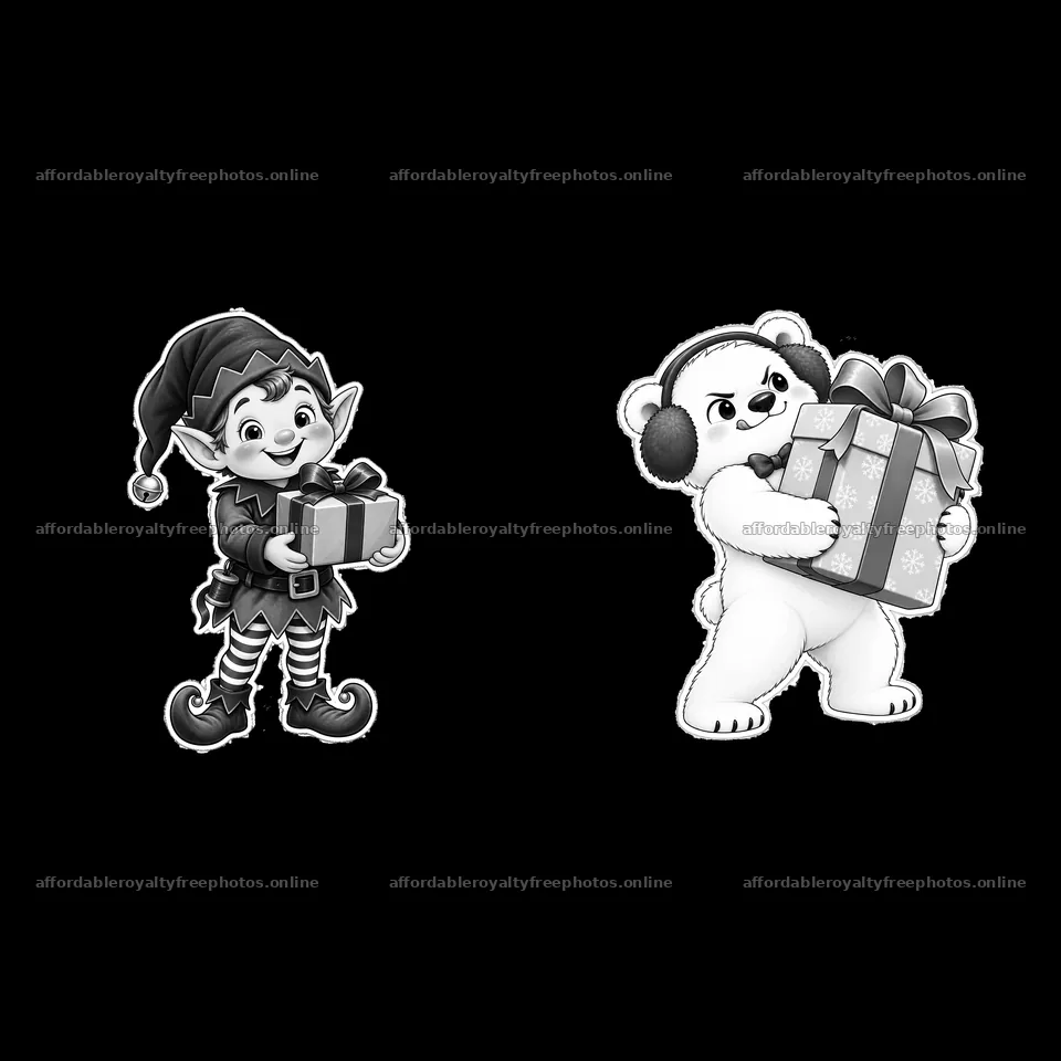 Christmas elf and polar bear sharing gifts in black and – royalty-free photos 7746x7746