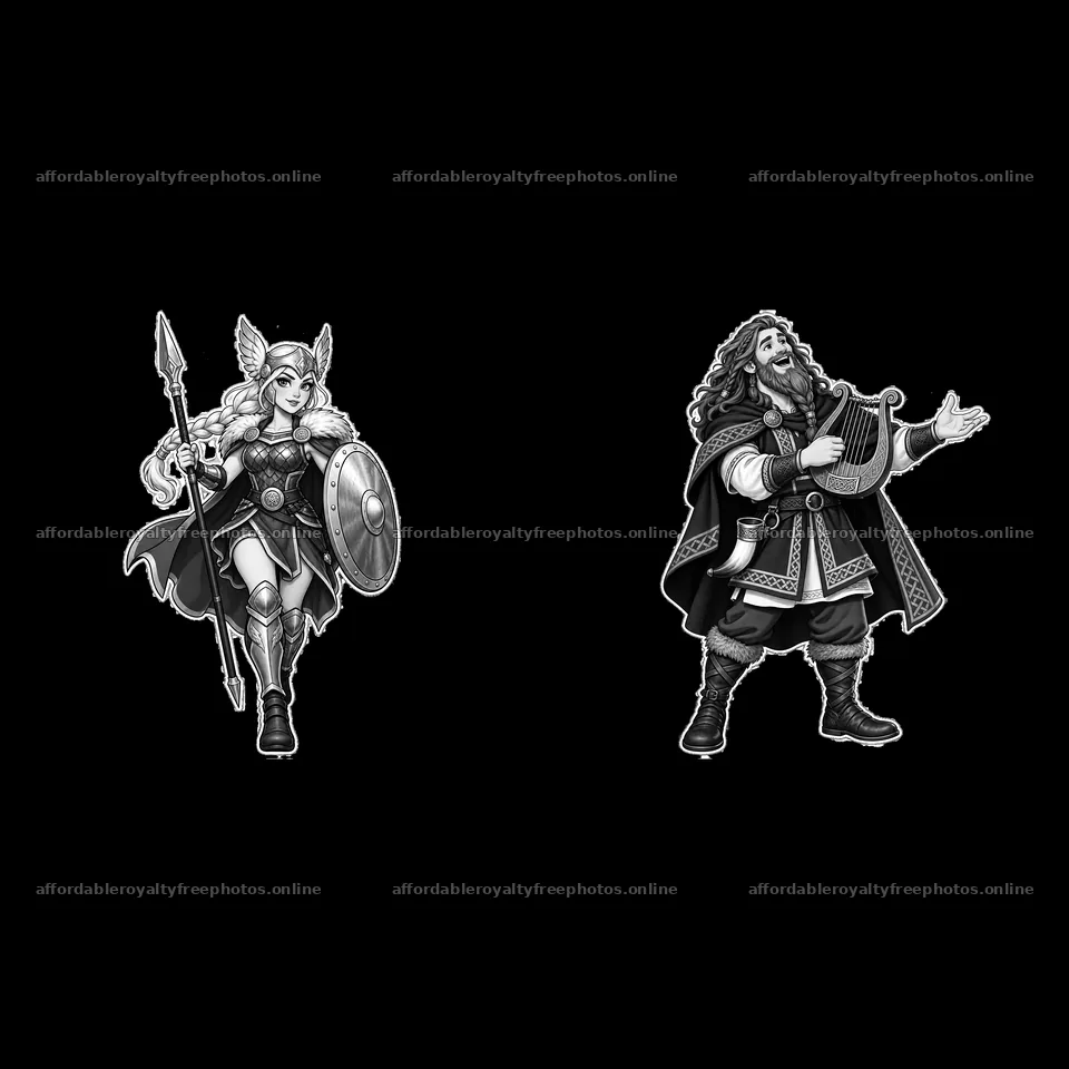 Odin with Valkyrie and Bard in Norse mythology cartoon – royalty-free photos 7746x7746