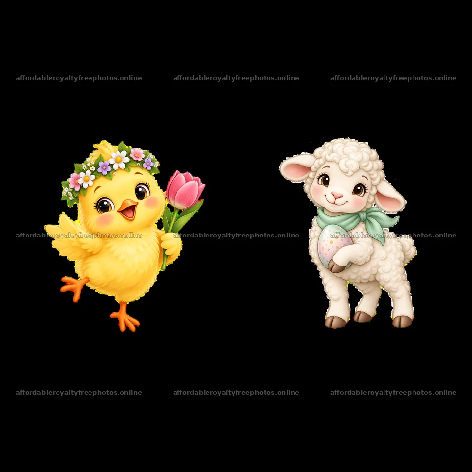 Chick with a flower and lamb with a decorated egg – royalty-free photos 7746x7746