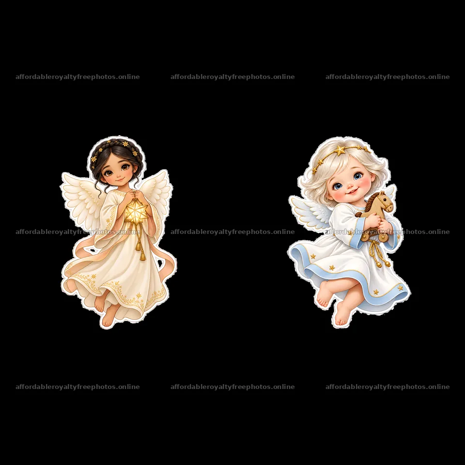 Two angelic children in white robes holding gifts – royalty-free photos 7746x7746