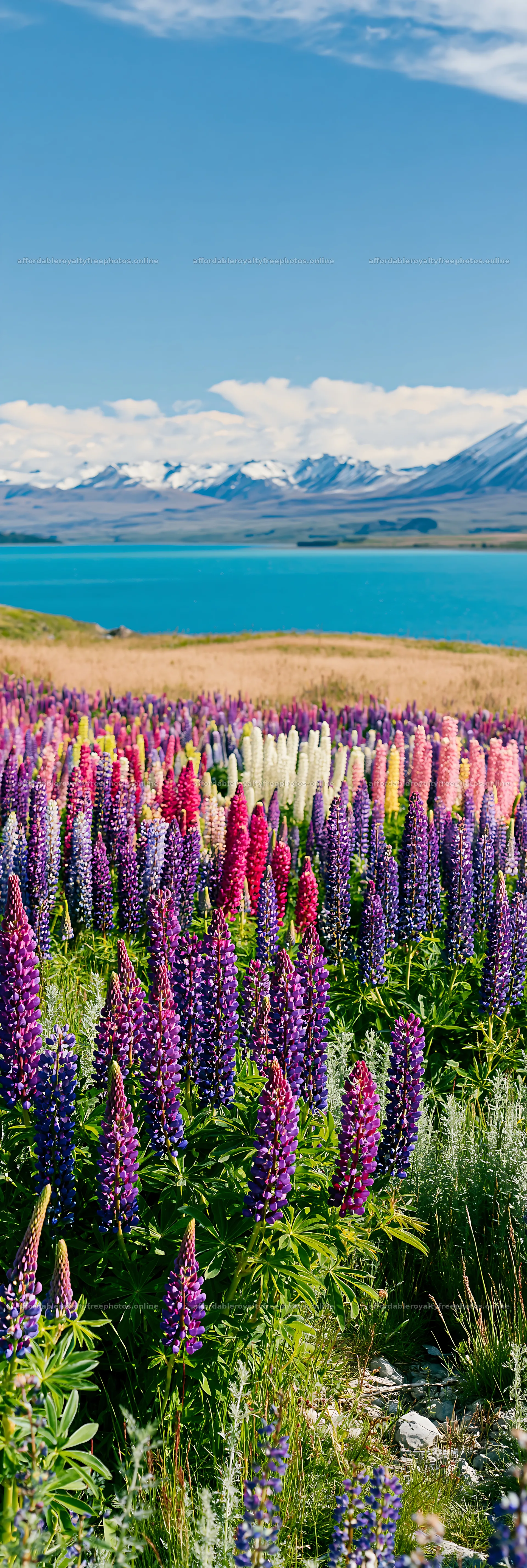 Lake Tekapo meadow with snowy Alps in background – royalty-free photos 4602x13690